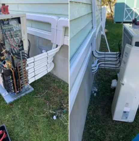 Ductless mini-split before and after with line hide