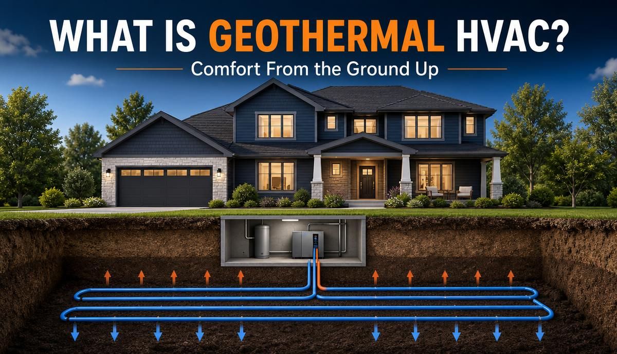 How Geothermal Heating and Cooling Works Geothermal heating and cooling system with underground ground loops at a Delmarva home